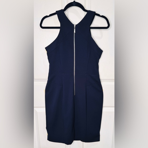 EUC NY&Co. Navy Blue Pleated Neck Sleeveless Dress Size S. Back Silver Full Zip - Picture 2 of 9